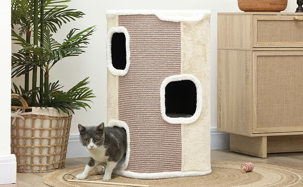 Кігтеточка PawHut 74 см, триповерхова кімната для котів з подушкою, плюшевим бордюром, кігтеточка для кошенят, бежево-білий колір