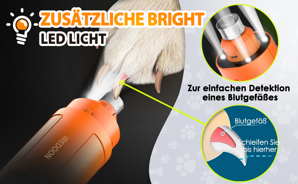 Шліфувальник кігтів для собак Profi Krallenschleifer: 3 режими, LED-підсвітка, тихий, акумуляторний, для великих, середніх та малих собак (темно-зелений/помаранчевий)