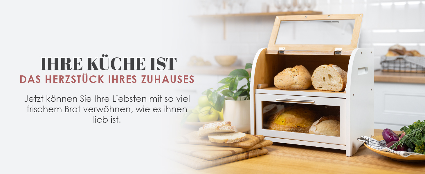 Бредониця Arise з вентиляцією, велика для зберігання хліба, 2 полиці та вікно, дерев'яна для хліба, булок, зберігання. 40 x 26 x 37, бамбук White, самостійна збірка