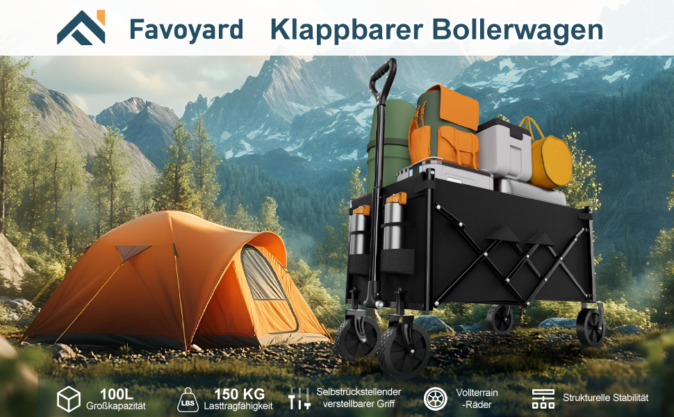 Favoyard XXL Візок-садок 100л, вантажність 163кг, складаний, з гальмом та колесами для бездоріжжя - Чорний
