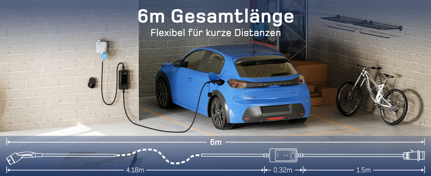 Зарядний пристрій для електромобіля dé Mobile Wallbox 7.4 кВт з Wi-Fi, кабель Type 2 6м (1 фаза, 6-32A) + CEE адаптер 7кВт, 15м