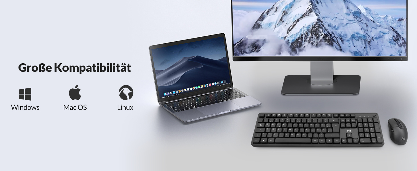 Бездротовий ігровий комплект клавіатури та миші Rii: Bluetooth + 2.4GHz, LED-підсвітка, QWERTZ, для офісу