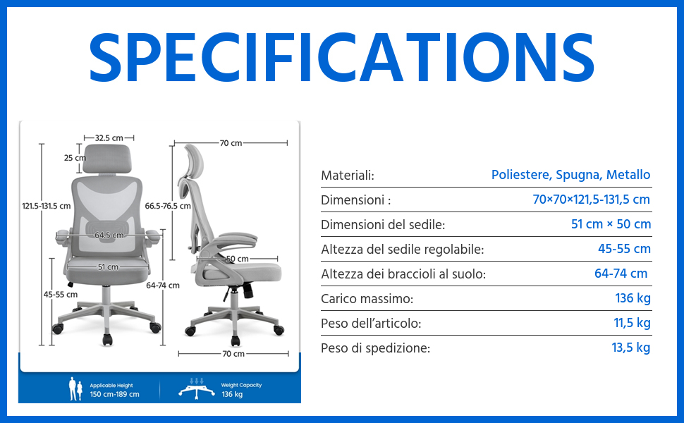 Ергономічне крісло Yaheetech для офісу з підйомними підлокітниками, регульованою підголівником та функцією гойдання, до 136 кг, сіре