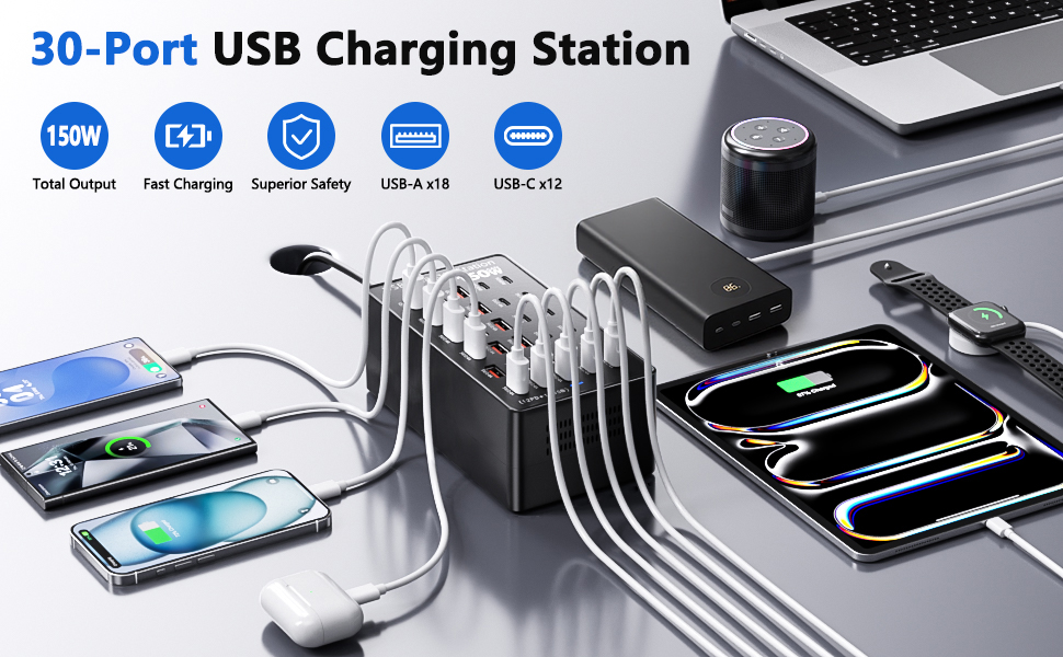 USB-станція зарядки 30 портів 150W USB-C, хаб для iPhone/Samsung/Pixel/планшетів. Мережевий адаптер живлення