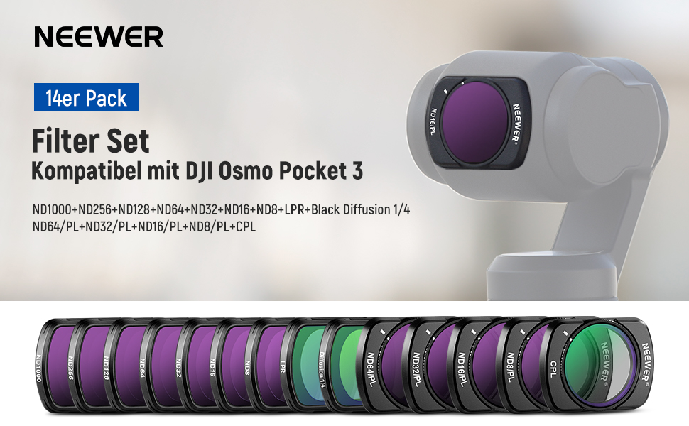 Набір фільтрів NEEWER CPL ND для DJI Osmo Pocket 3: CPL, ND16, ND64, ND256, з магнітним кріпленням, комплект з 14 фільтрів та 2 серветками
