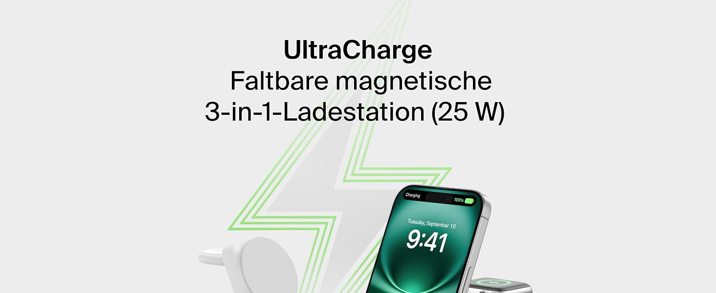 Зарядна станція Belkin UltraCharge 3 в 1 з Qi2.2, 25W, сумісна з MagSafe, для iPhone, Apple Watch, AirPods, Pixel, з адаптером 45W
