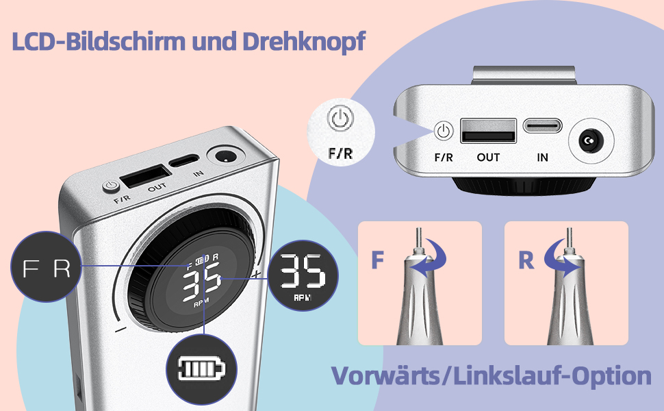Електричний фрезер для манікюру та педикюру Delanie з акумулятором, 35000 об/хв, для гелю, акрилу, видалення кутикули, LED-дисплей, USB-зарядка (сріблястий)