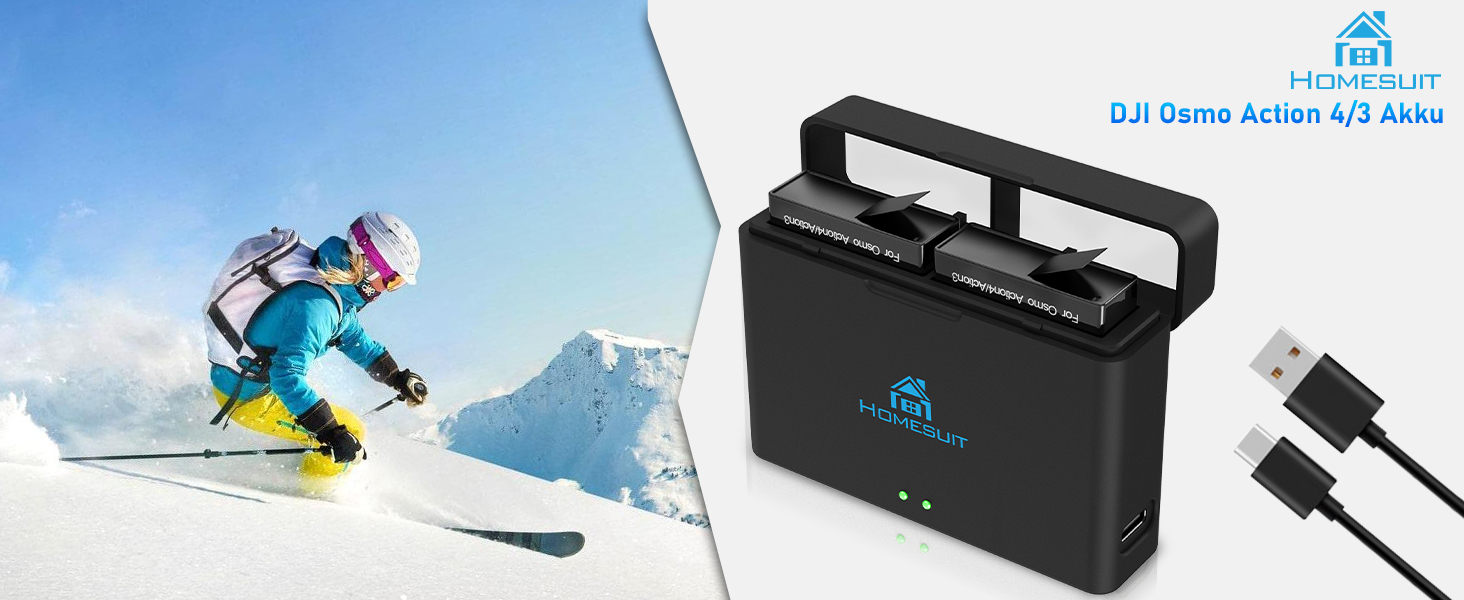 Набір акумуляторів та зарядний пристрій для DJI Osmo Action 4/3: 2x акумулятори 1800mAh + Dual USB LED зарядний пристрій
