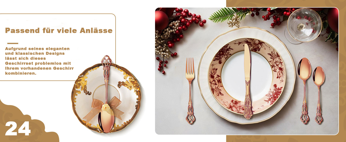 Набір столових приборів Retro на 6 осіб з нержавіючої сталі (рожеве золото, 24 предмети) - вишуканий сервіз в античному бароковому стилі: виделки, ложки, ножі