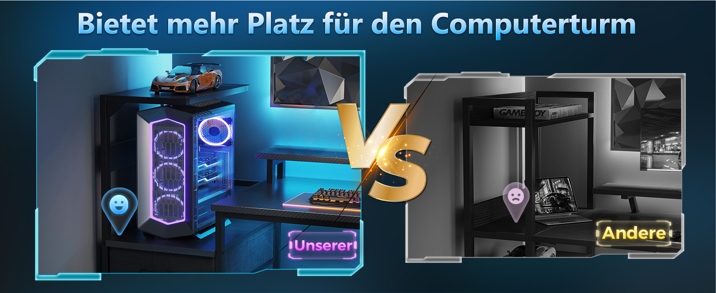 Ігровий стіл Coleshome з шухлядами 151x50 см, LED-підсвічуванням та розеткою. Комп'ютерний стіл з полицями та підставкою для монітора, карбонове волокно, чорний.