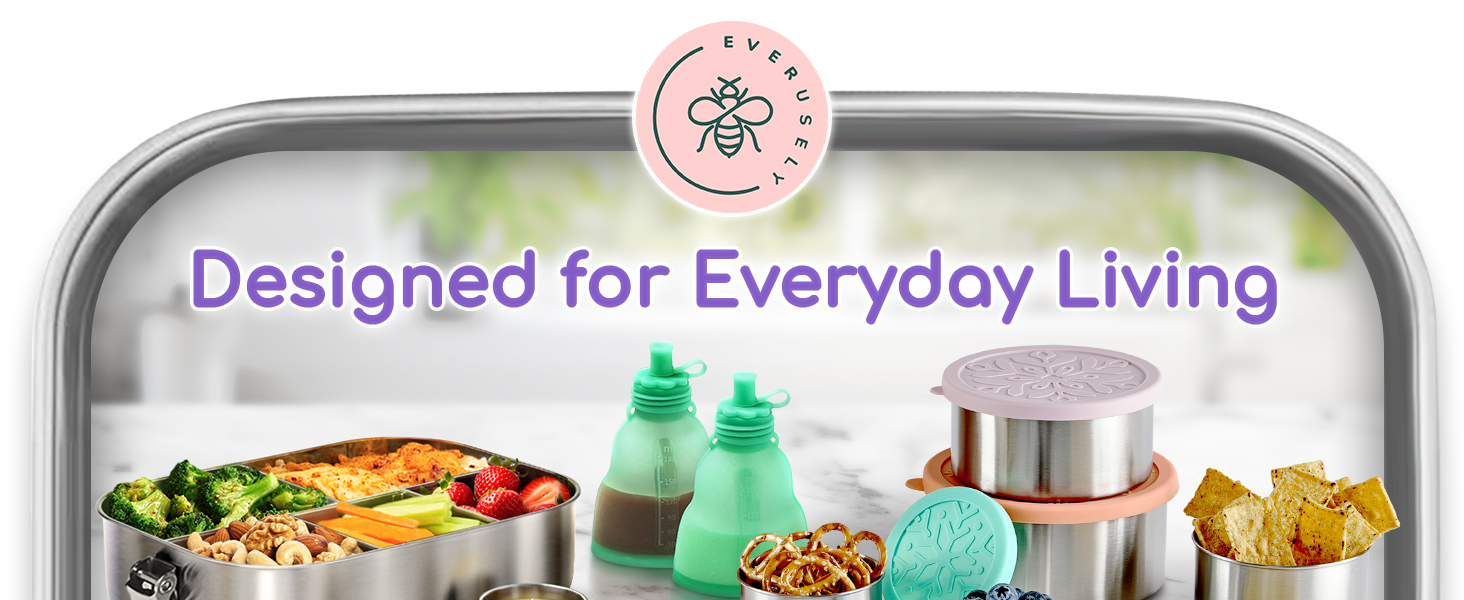 Everusely Ланчбокс Bento Box Лавандовий - 0,8 л, нержавіюча сталь, з контейнером для спецій, 3 відділення