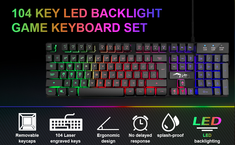 BAKTH Комплект клавіатури та миші для геймінгу, LED-підсвічування QWERTZ DE, вологостійкий, 2400 DPI для професійних геймерів