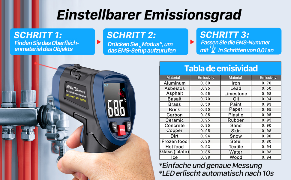Інфрачервоний термометр Eventek -50°C до 600°C з лазером, регульований коефіцієнт випромінювання, цифровий, для гриля, піци, кухні, промисловості