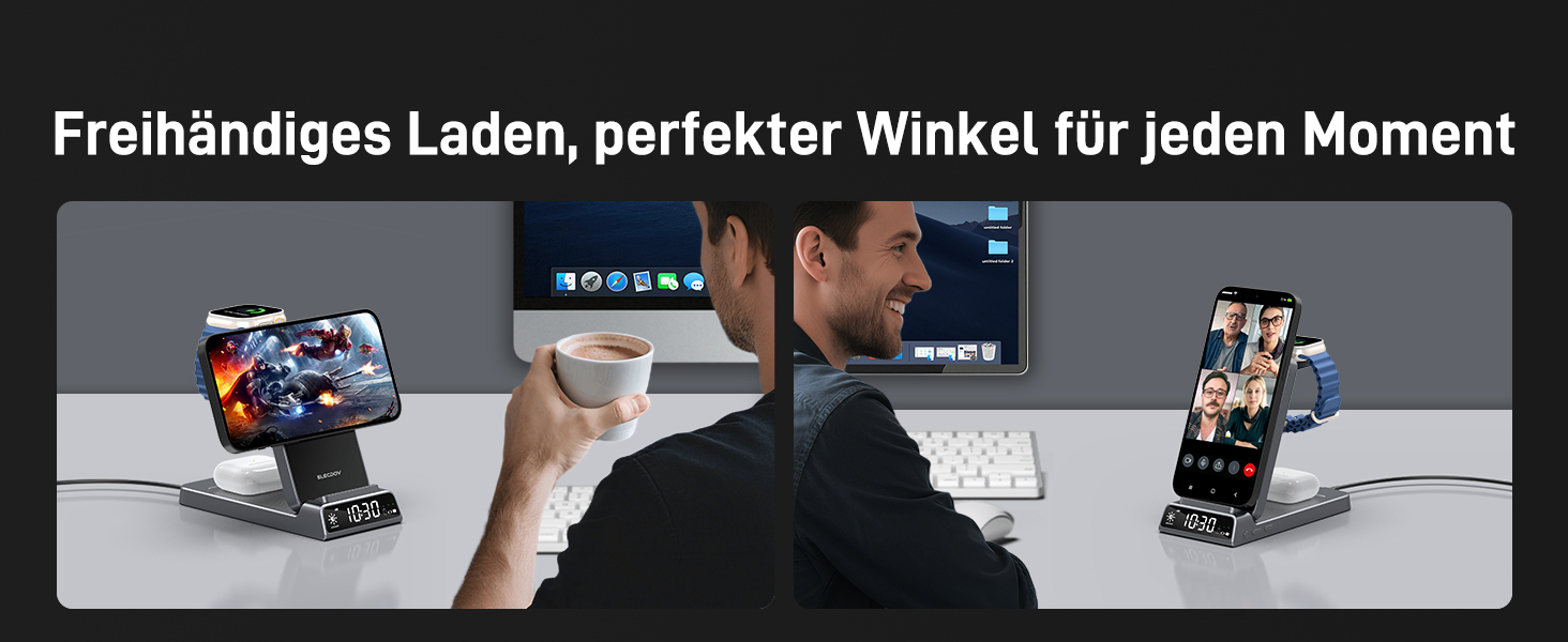 Зарядна станція 3-в-1 бездротова для iPhone, Apple Watch, AirPods, з годинником, для подорожей