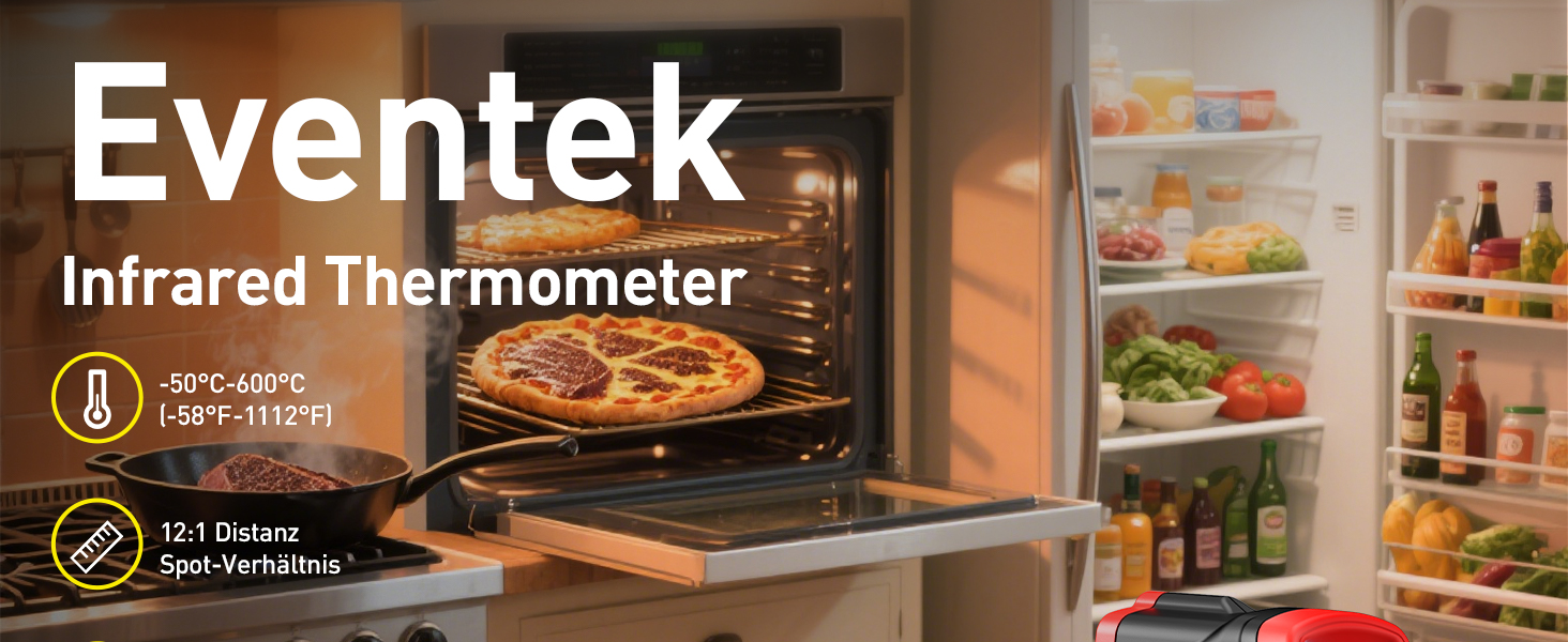 Інфрачервоний термометр Eventek -50°C до 600°C з лазером та LCD дисплеєм. Безконтактний вимірювач температури для піци, гриля, приготування їжі та промисловості. Регульований коефіцієнт випромінювання (Не для вимірювання температури тіла). Червоний колір.