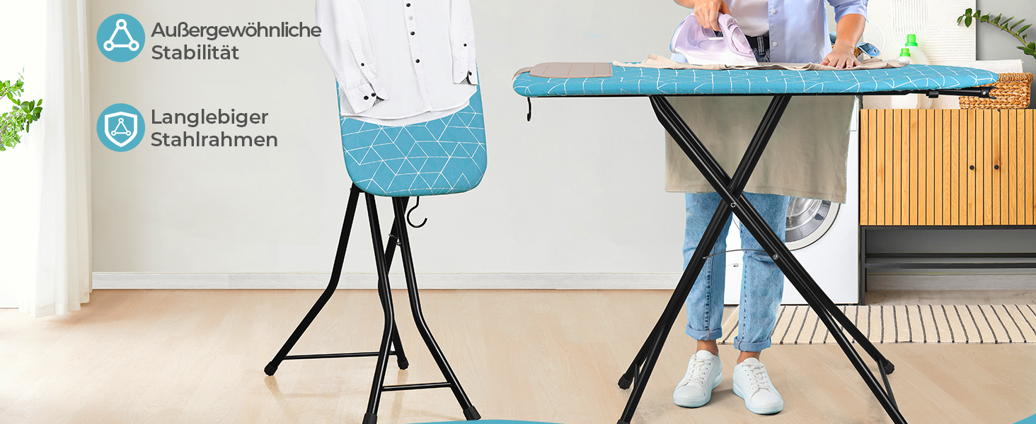 LyriFine Прасувальна дошка 2-в-1 для прасування з парою та класичного прасування, стійка до нагрівання, складана з гачком, міцний сталевий каркас, для парогенераторів (Синій колір з підставкою для праски)