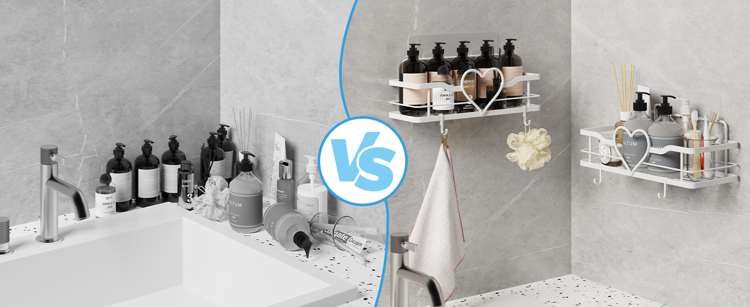 Двосекційна поличка для душу без свердління з 4 гачками, органайзер для шампуню та мила, поличка для ванної кімнати (11.5 см, білий)