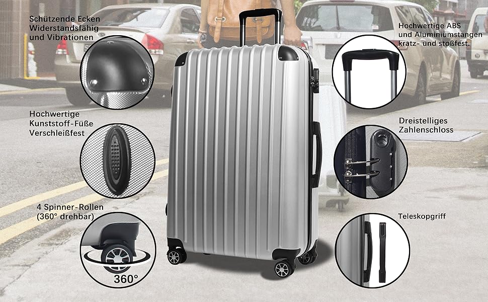 Hippo Carry-on Luggage Suitcase Travel Suitcase with Wheels Trolley Carry-on Trolley Rolling Suitcase Security Lock Airline-compatible Carry-on 4 Wheels ( :37 * 23 * 57c) (Set, Silver)