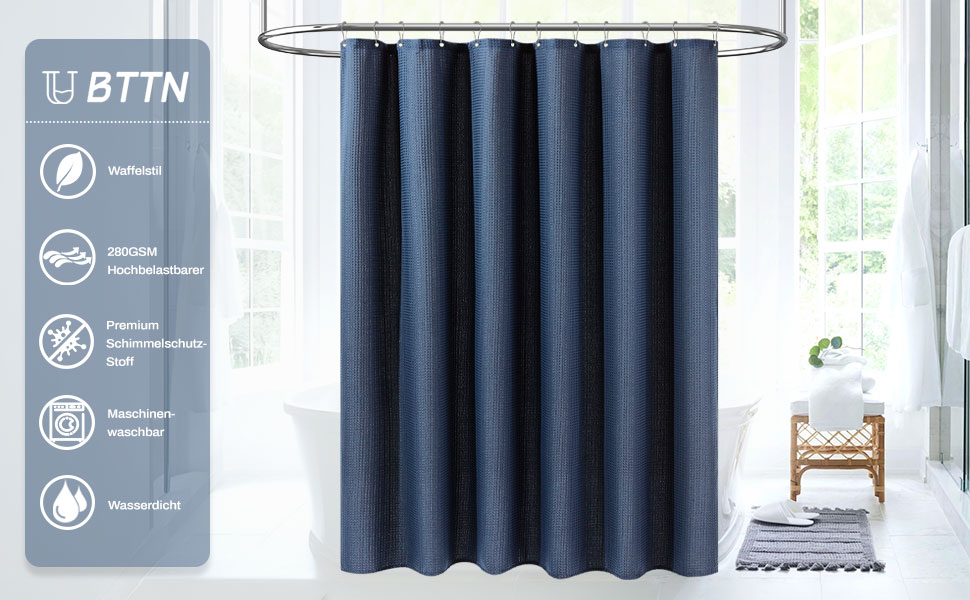 Шторка для душу BTTN, вафельна тканина, 180x200 см, антигрибкова, важка, водонепроникна, з 12 гачками, зелена, преміум-якість