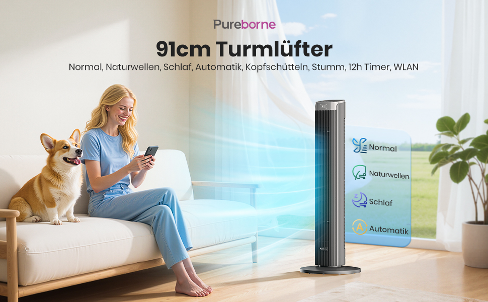 Вентилятор Pureborne 91 см з осциляцією, керуванням Wi-Fi та пультом, 4 швидкості та 4 режими, таймер 12 годин, чорний