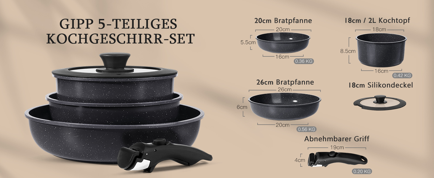 GiPP 5-Piece Ceramic Cookware Set with Removable Handle - Non-Stick, Induction Ready, Oven Safe, PTFE/PFOA-Free - White & Black