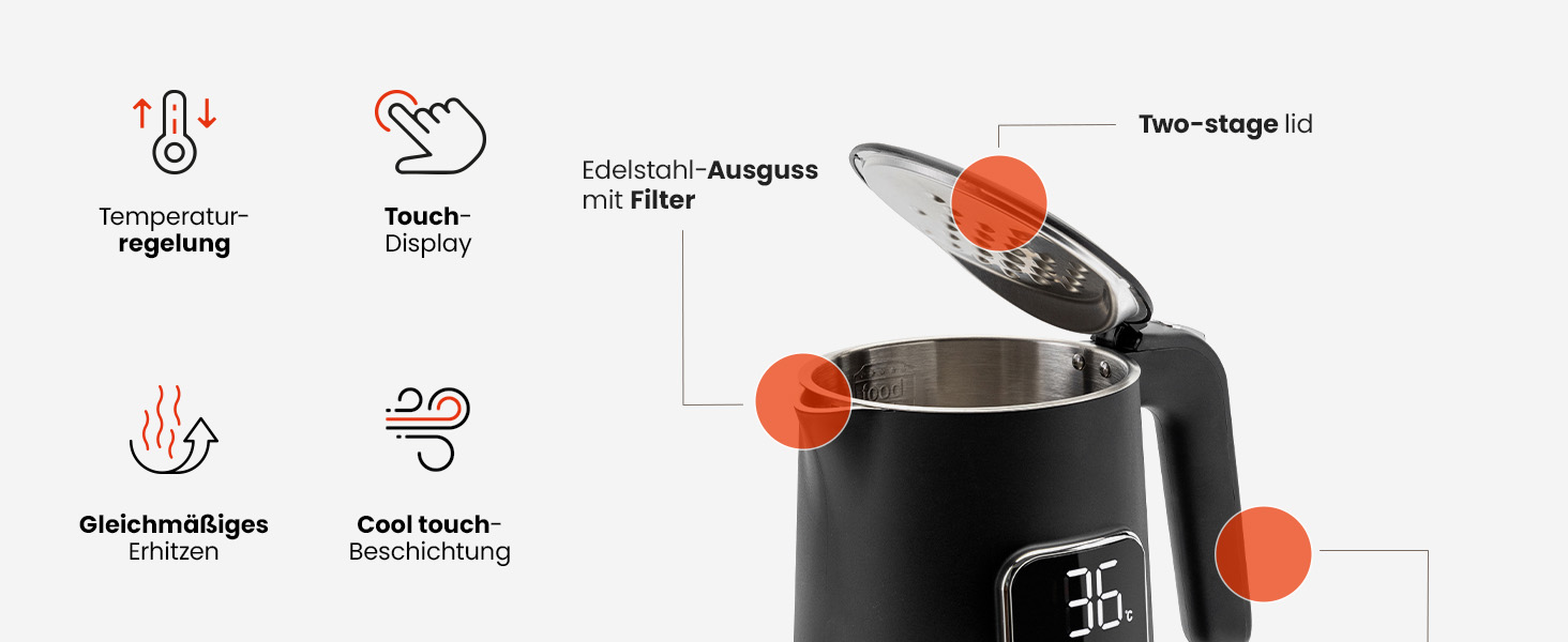 Електричний чайник 1.7 л з тачскріном, 2200 Вт, регулювання температури (40–100°C), 5 програм, підтримання тепла, нержавіюча сталь, бездротовий, чорний