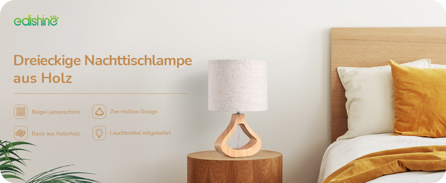 Дерев'яна приліжкова лампа EDISHINE з абажуром з льону, E27, для вітальні, спальні, в стилі кантрі [Енергоклас F]