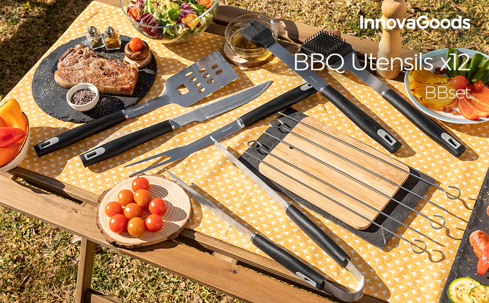 Набір грилю InnovaGoods 12 шт. з нержавіючої сталі, аксесуари для гриля, чорний, сталь