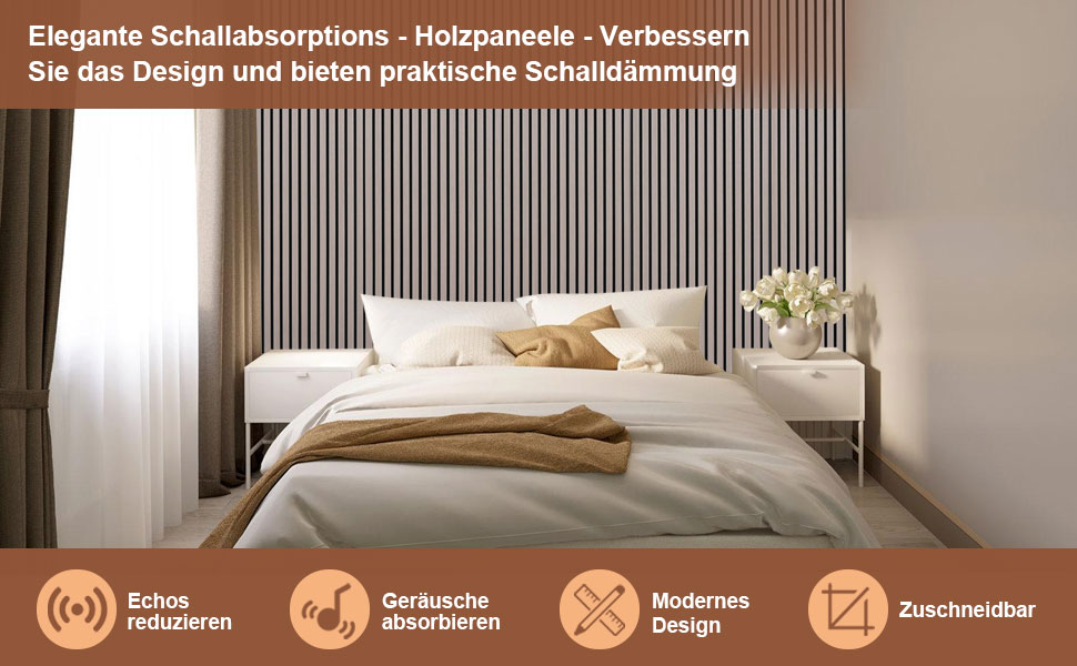 Акустичні панелі з дерева та фетру 120x60 см, набір 4 шт (2,88 м²), звукопоглинаюча стінова облицовка для покращення акустики приміщення, колір Чорний горіх