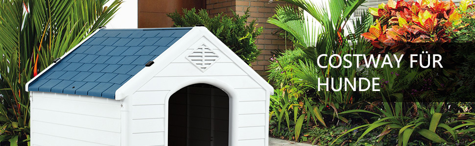 Будка для собак COSTWAY, пластикова хатинка для собак з піднятим дном та водонепроникним дахом, хатинка для домашніх тварин, для саду, приміщень та вулиці, блакитно-біла (70x65x71,5 см)
