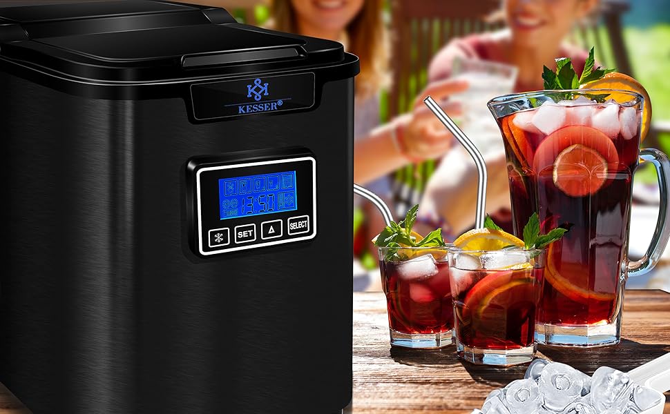 Машина для приготування льоду KESSER® з нержавіючої сталі, 150W, 12 кг/24 год, 3 розміри кубиків, таймер, LCD-дисплей, чорний