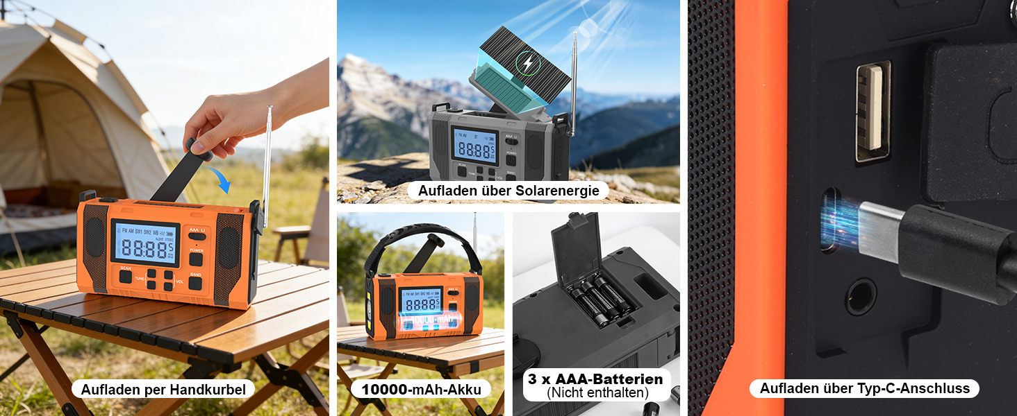Сонячне радіо з ручним заводом 10000mAh Notfall: AM/FM, ліхтарик, SOS-сигнал, Power Bank, зарядка від сонця/USB/ручки, для кемпінгу, походу, надзвичайних ситуацій, сірий