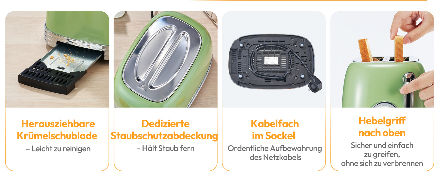 Електричний чайник та тостер-сет Retro з нержавіючої сталі, 2200 Вт, 1.8 л, для чаю, кави, дитячого харчування, без BPA, зелений