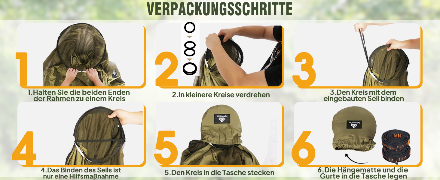 Гамак для кемпінгу NATUREFUN з москітною сіткою | Легкий, міцний (300 кг), дихаючий, швидковисихаючий, армійний зелений | 2 карабіни, 2 стропи в комплекті