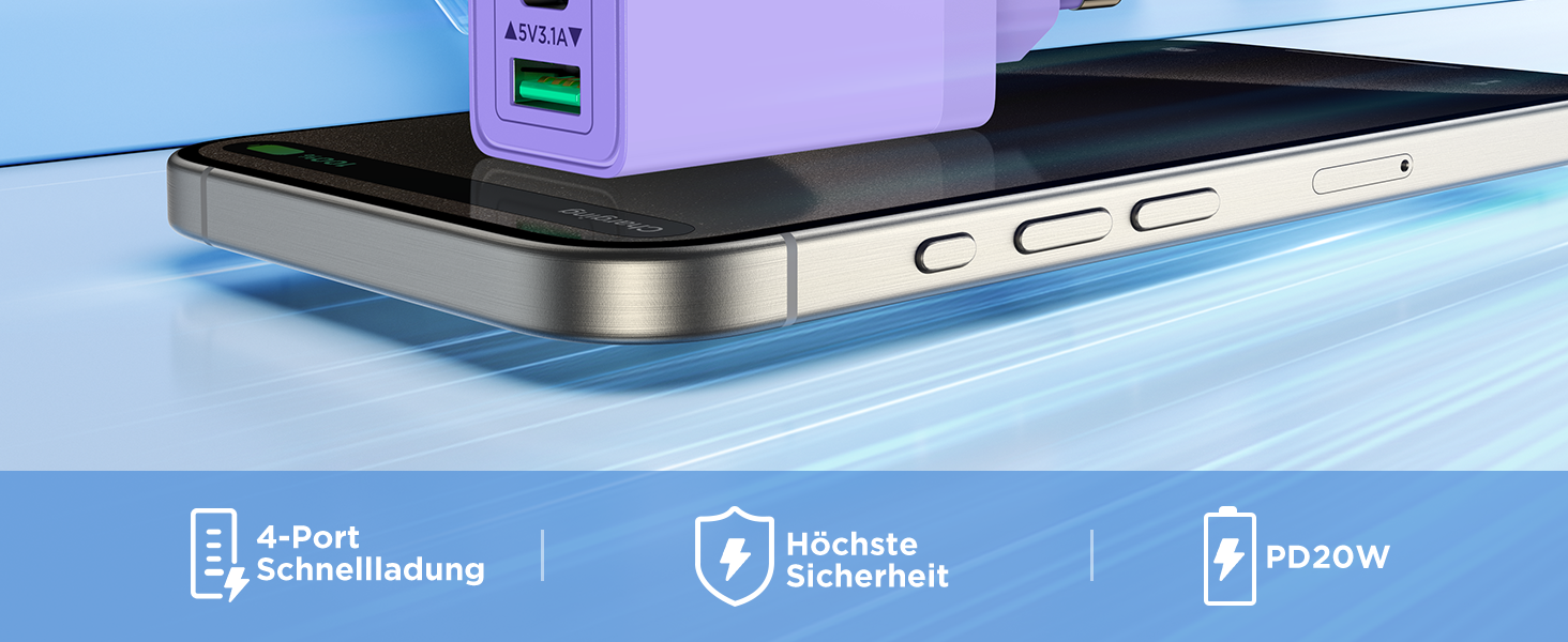 Двопакет USB-C зарядний пристрій Aioneus 4 порти з USB-C та USB-A, 40W швидка зарядка PD 3.0, блок живлення для iPhone 16 15 14 Pro Max 13 12 11 SE 2020 XS, Samsung, телефонів, фіолетовий