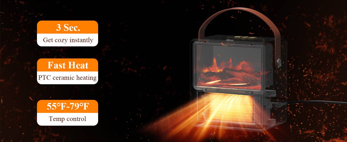 Електричний обігрівач Minthouz 1200W/800W з ефектом полум'я, термостатом та захистом від перегріву для дому та офісу