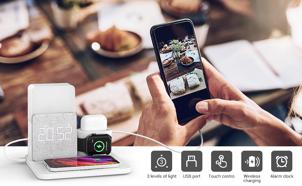 Бездротовий зарядний пристрій COLSUR 3 в 1: зарядка, нічник, будильник. Підтримка iPhone 16/15/14/13/12/11/X/8 Pro Max/Mini/Plus. Срібний колір