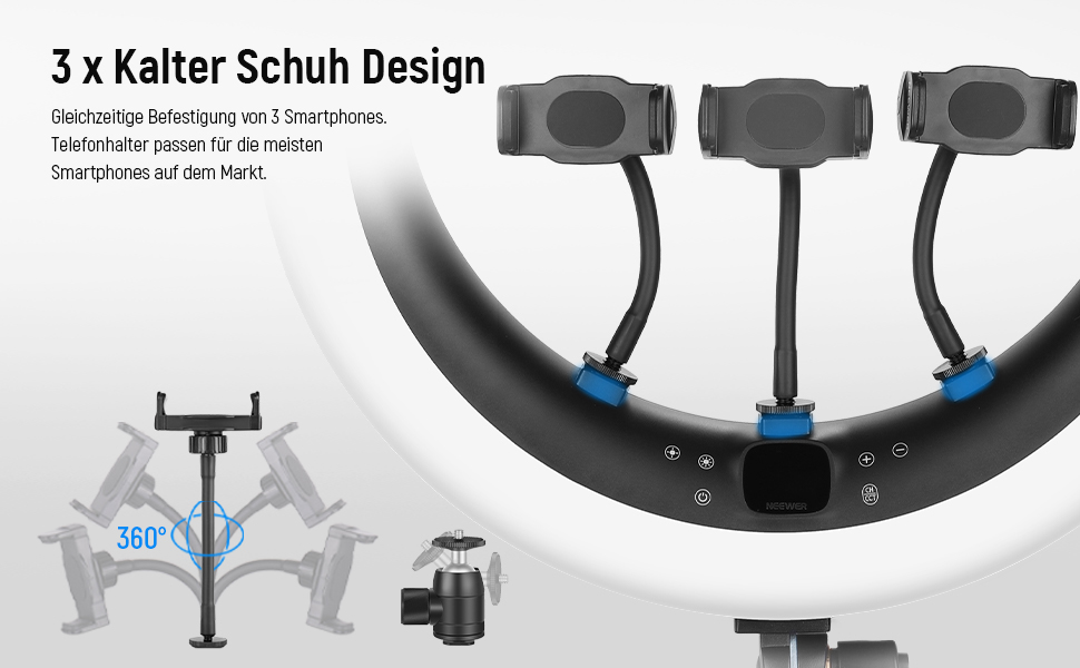 NEEWER Ringlicht RP19H 19 дюймів з підставкою та 3 тримачами для телефону, 2.4G керування, плавне регулювання яскравості, LCD та сенсорне керування, 42W CRI 97+ 2540 Lux, для стрімінгу, дому, офісу, Zoom, освітлення, з пультом ДУ (кільцеве світло з кульовим голівкою та пультом ДУ)