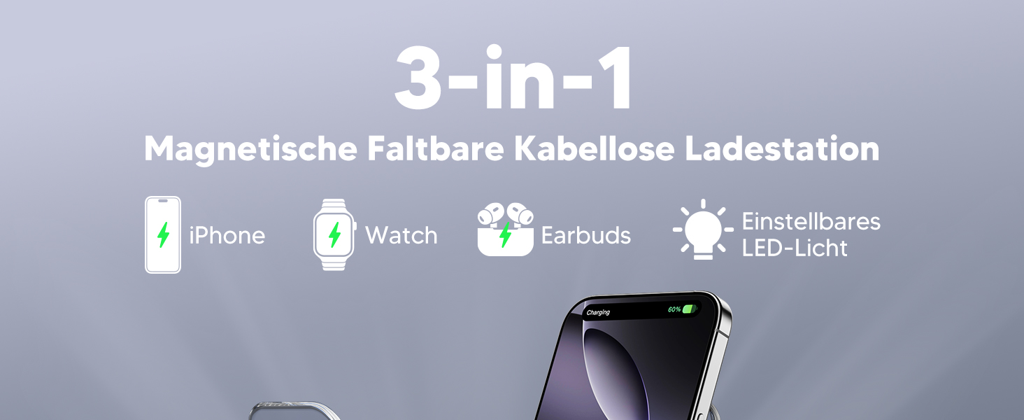 Підставка для зарядки MagSafe 3-в-1 для iPhone 17/16/15/14/13/12 Pro Max/Air/Plus/Pro та Apple Watch 10/9, AirPods 3/2/Pro (блакитна)