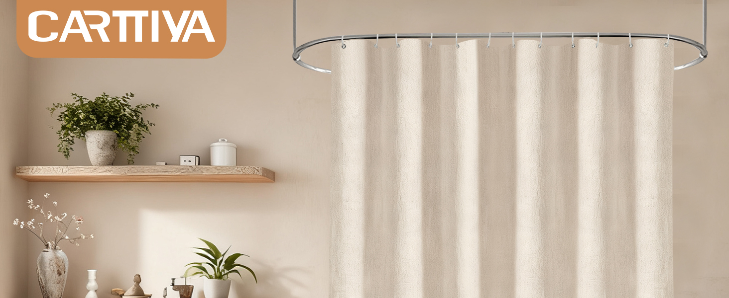 Штора для душу 180x180 см Бежева, Льняна текстура - Водонепроникна, з обтяженим краєм, 12 кілець, для ванної кімнати