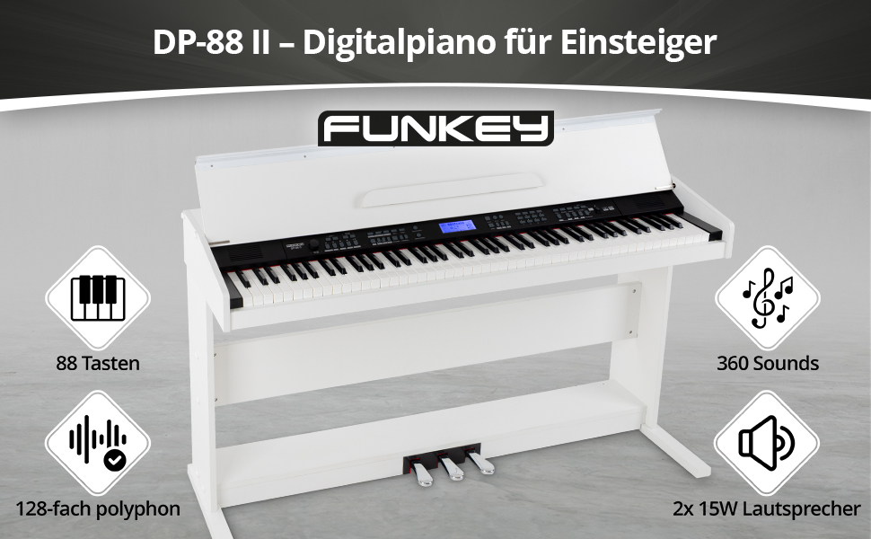 FunKey DP-88 II – цифрове піаніно з 88 клавішами, поліфонія 128, 360 звуків, 160 стилів, MP3-плеєр, функція навчання, запис та відтворення, 3 педалі, білий колір