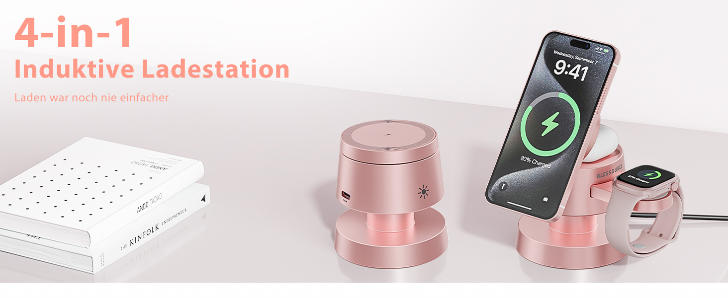 Бездротова зарядка 4-в-1 для iPhone 17/16/15/14 Pro Max з нічним світлом, сумісна з Apple Watch та AirPods, рожева