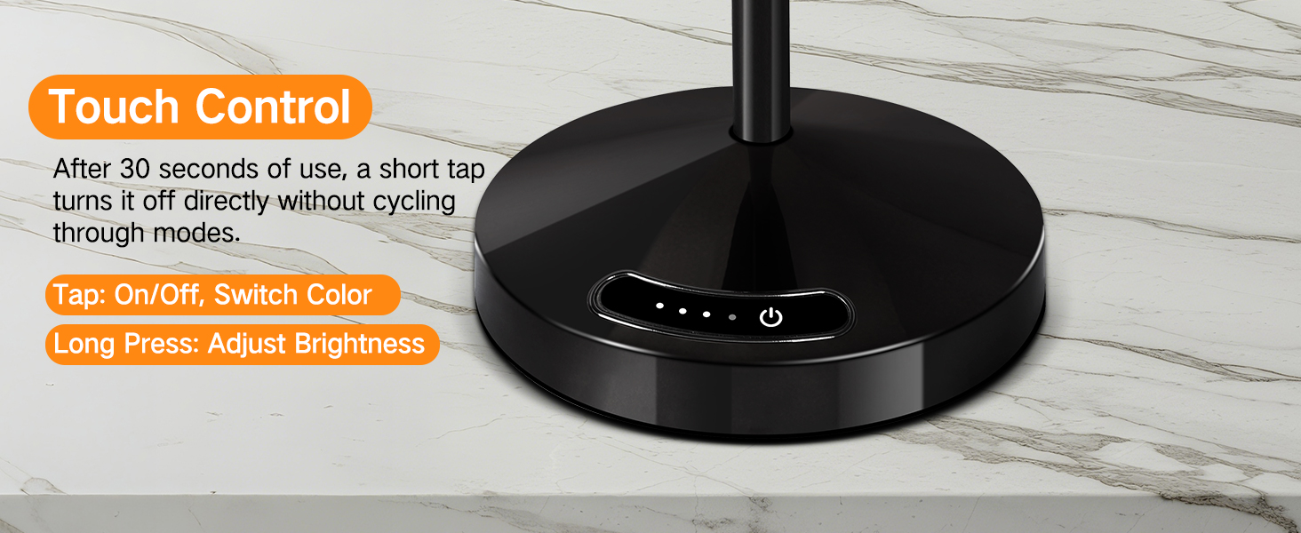 OUTON Бездротова LED-лампа настільна з торканням, регулювання яскравості, 3 режими кольору (3000K–6000K), акумулятор 4000mAh, USB-C, до 120 годин роботи, пам'ять, для спальні, бару та декору, чорна