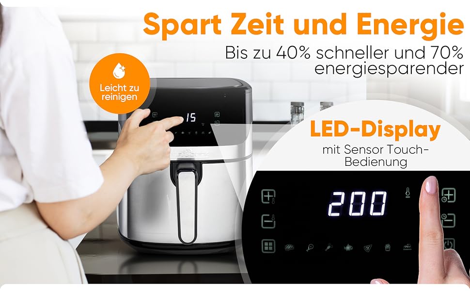 Фритюрниця ProfiCook® Heißluftfritteuse 6.5L з нержавіючої сталі | Airfryer з 8 програмами | Без масла та жиру | 80°C - 200°C | Модель 2025