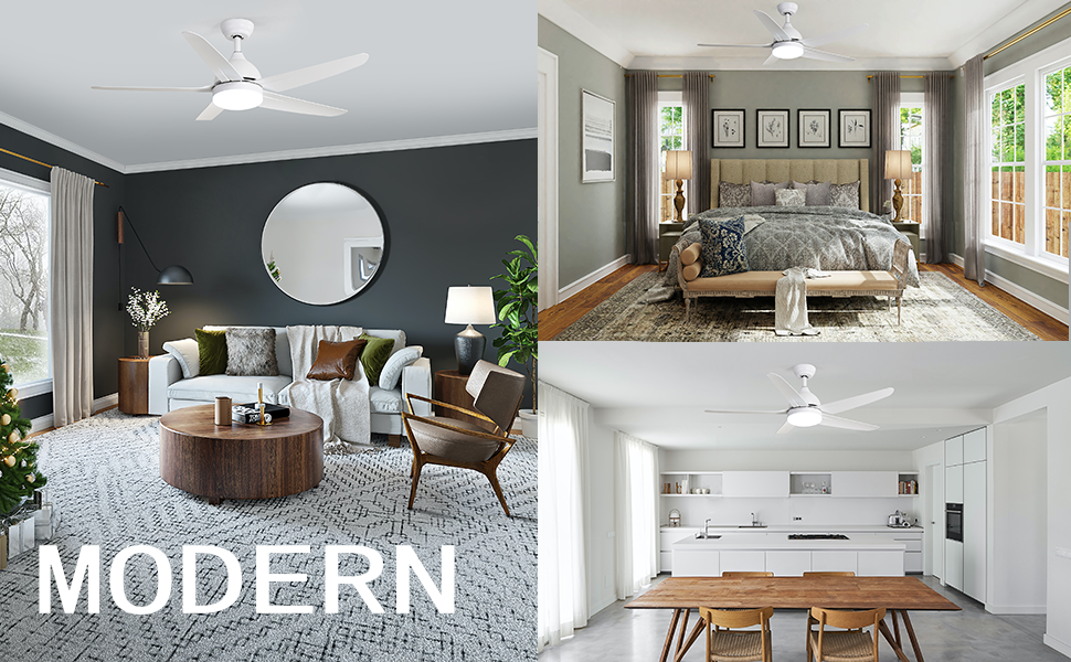 Стеляний вентилятор FINXIN з LED-лампою 132/122 см для спальні, вітальні, їдальні. Включає мотор, пульт керування (5 лопатей, білий)