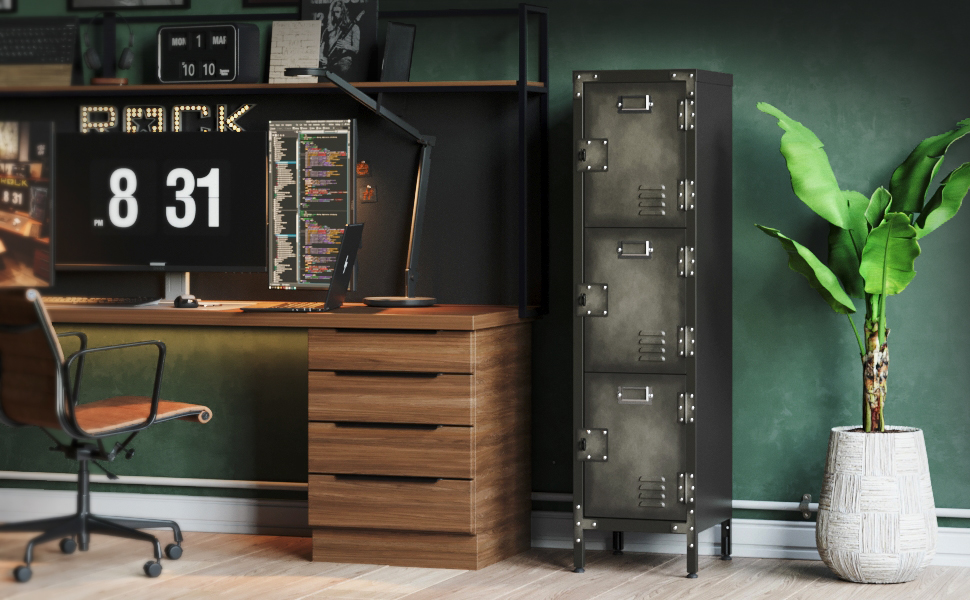 Metal locker with lockable doors, industrial steel cabinet for school, home, office, garage, H140*W38*D46 cm (3 doors)