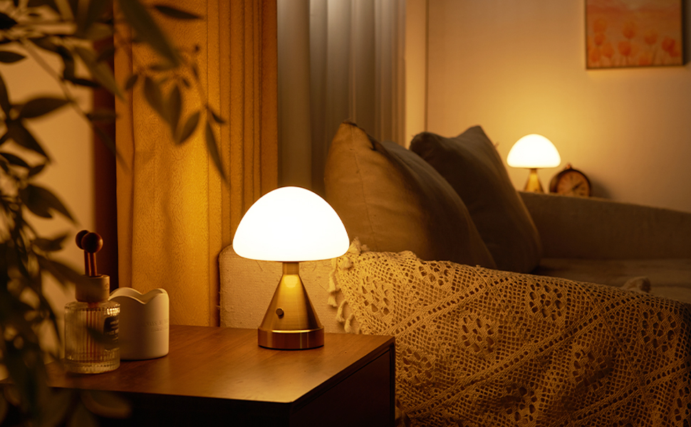 Бездротова настільна лампа-грибок, акумуляторна, з сенсорним регулюванням яскравості, мініатюрна золота атмосфера для спальні, їдальні, патіо, ванної кімнати