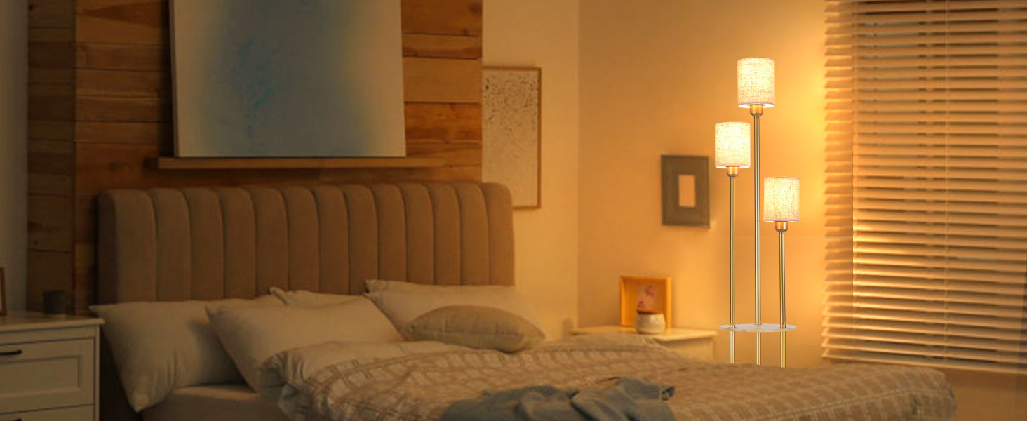 Стійка лампа Winverty для вітальні з полицею, 3 лампи, вінтажний стиль, індустріальний дизайн, E27, вимикач на нозі, абажур з льону, 1.66 м (золота)