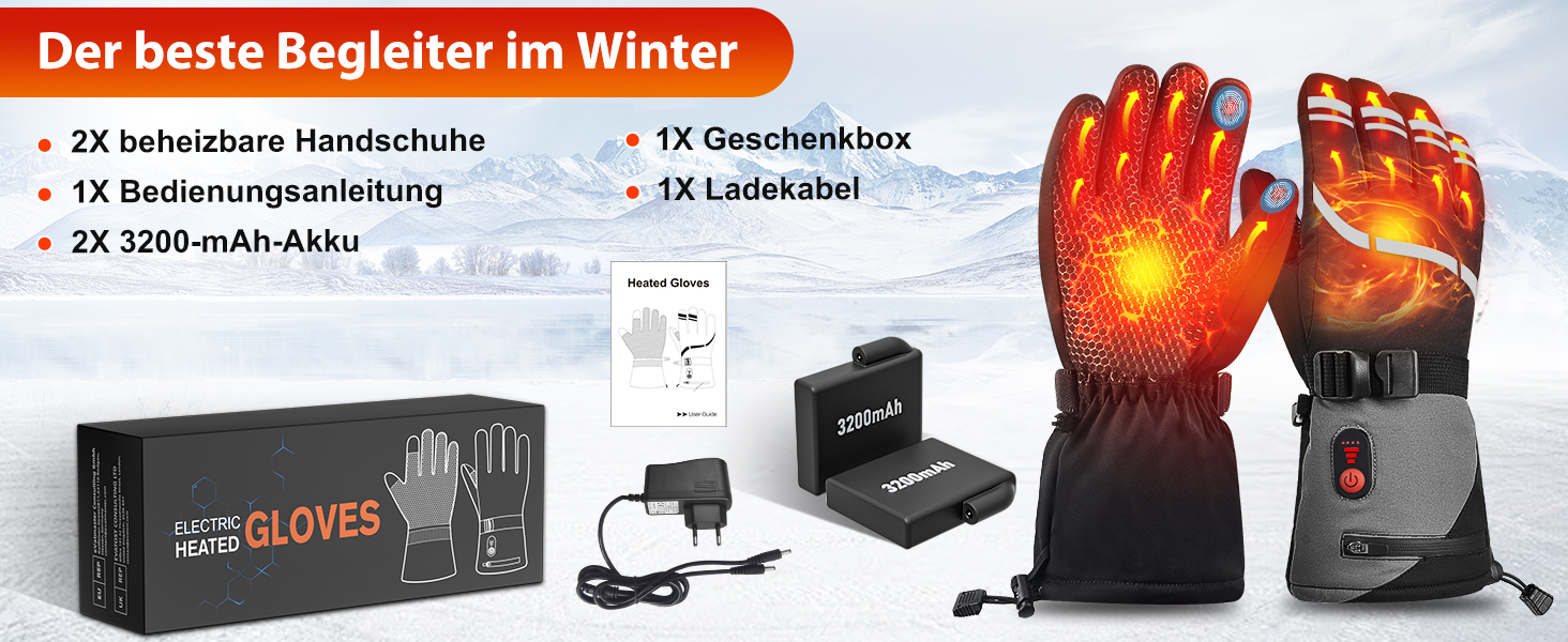 Гріючі рукавички з акумулятором 7.4V 6400mAh USB, 3 режими нагріву, водонепроникні рукавички з підігрівом для зимових видів спорту, катання на лижах, мотоциклі, велосипеді, піших прогулянок