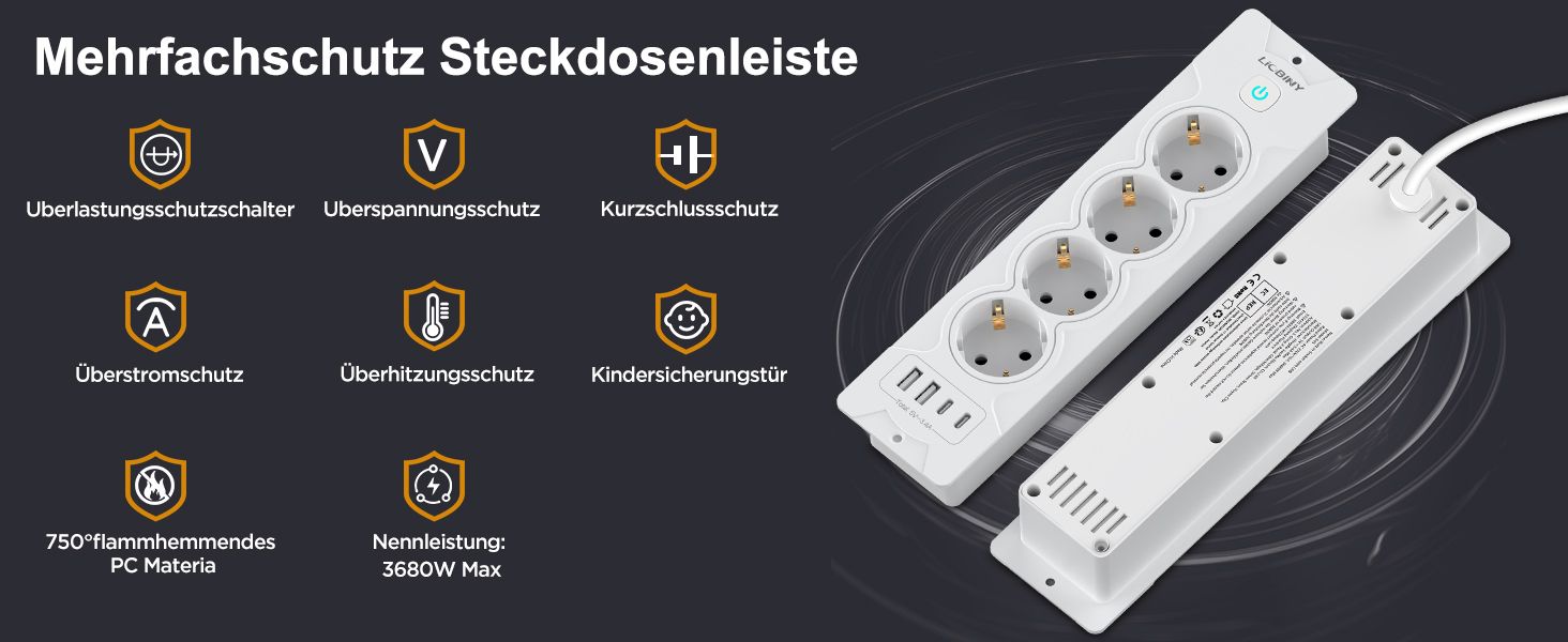 Вбудована розетка з 2 USB-C та 4 розетками, 3680W, 16A, білий кабель 2м. Розподільник розеток для конференц-столу, дивану